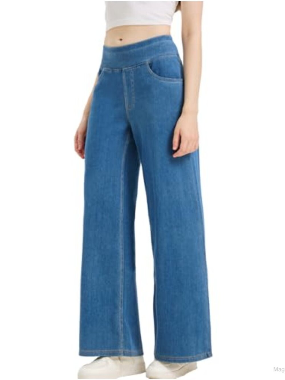 Women's Wide Leg High Waisted Tummy Control Stretch Denim Jeans with Pockets